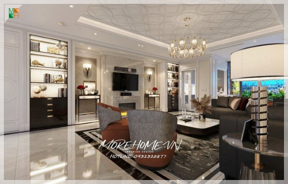 Sự kết hợp giữa nội thất hiện đại xen lẫn vẻ cổ điển với những kệ tủ âm tường màu sắc tối giản vừa ăn gian được diện tích phòng khách chung cư cao cấp giúp chủ nhà trang trí các đồ vật hay là nơi để những cuốn sách mà mỗi khi muốn đọc có thể dễ dàng tìm thấy nhanh chóng.