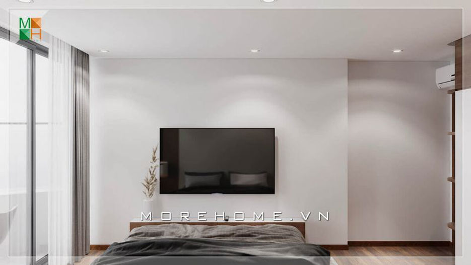Mẫu thiết kế phòng ngủ cho chung cư, nhà phố, biệt thự mang phong cách hiện đại, với thiết kế tivi treo tường, khác với vẻ cổ điển của các kệ tivi truyền thống. Hơn nữa, kệ tivi này còn có thể để sách, đồ nghe nhìn và các món đồ trang trí nữa, giúp cho căn phòng luôn gọn gàng và đẹp mắt.