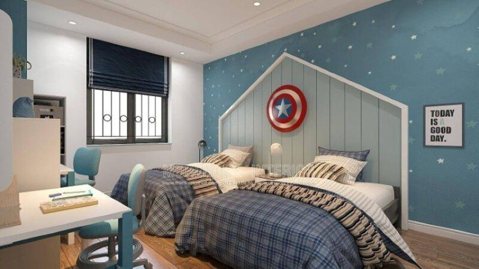  Bạn đang muốn tìm ý tưởng trang trí phòng cho 2 cậu con trai của mình, chúng còn nhỏ và rất thích các siêu anh hùng, mẫu bố trí nội thất phòng bé trai với giường đôi trong đây sẽ là một gợi ý lý tưởng để biến sở thích được hiện hữu ngay trong phòng của con. Ý tưởng sẽ rất phù hợp với không gian phòng rộng như chung cư 80m2 trở lên, biệt thự, nhà phố.
