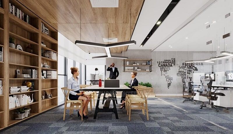 Trang trí nội thất văn phòng đẹp sử dụng gỗ công nghiệp MFC cao cấp làm bàn ghế, kệ sách, ốp sàn,..