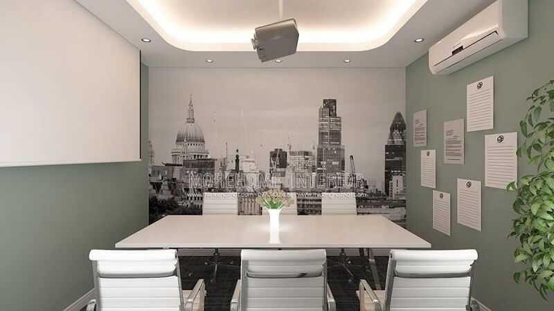 Để trang trí phòng họp văn phòng thêm độc đáo ấn tượng, có thể dử dụng giấy dán tường, tranh canvas tạo điểm nhấn cho căn phòng
