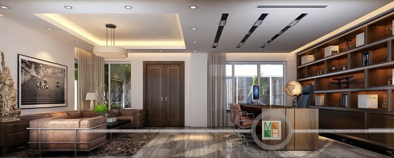 Mẫu thiết kế nội thất phòng giám đốc sang trọng với kệ sách lớn ốp tường gỗ công nghiệp chất lượng