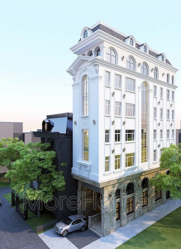 Thiết kế kiến trúc khách sạn cao cấp 4 sao với tầng 1 ốp đá tự nhiên trên nền màu trắng chủ đạo tạo điểm nhấn nổi bật , thêm phần sang trọng và đẳng cấp.