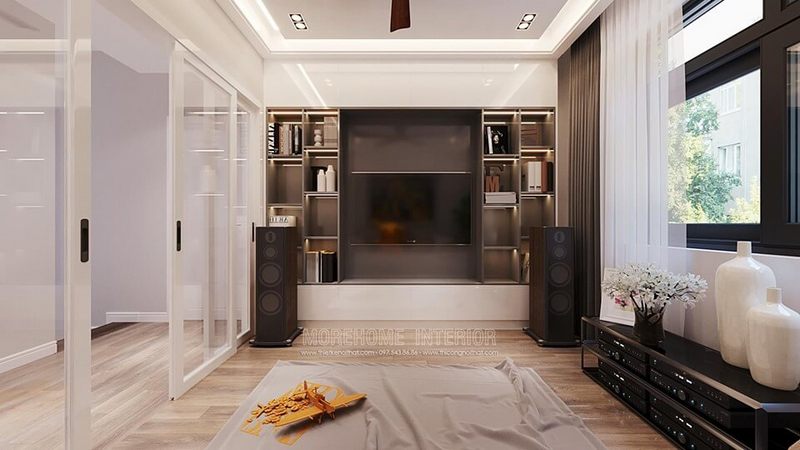 Thiết kế kệ tivi gỗ hiện đại đẹp cho khu vực phòng sinh hoạt chung tại biệt thự starlake tây hồ