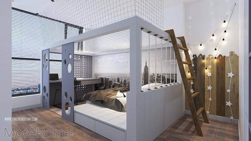 Không gian phòng ngủ được thiết kế theo phong cách thể thao, chiếc giường bằng gỗ công nghiệp vuông vắn hiện đại với gam màu trắng ưa nhìn.