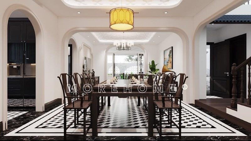 Trang trí phòng ăn từ gạch lát nền hiện đại và đèn thả trần trang trí phòng sang trọng và độc đáo