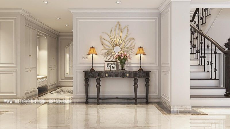 Kệ trang trí gỗ óc chó tân cổ điển đẹp sang trọng tại căn hộ duplex thanh xuân hà nội