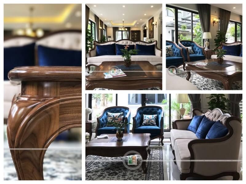 Sản phẩm bàn trà gỗ óc chó tân cổ điển cao cấp ở công trình thi công nội thất biệt thự ecopark Hưng Yên