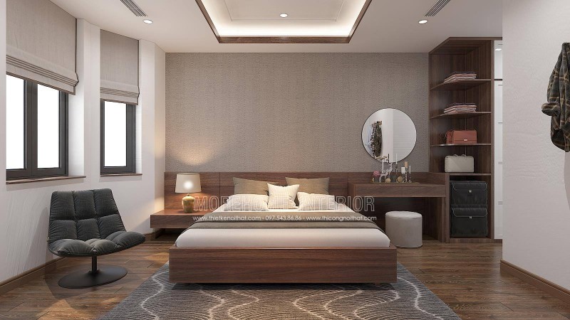 Mẫu phòng ngủ master đẹp được bố trí theo phong cách hiện đại sử dụng gam màu trầm nhã nhặn từ gỗ óc chó veneer chuyên được Morehome sản xuất trong các công trình thi công nội thất hiện đại gỗ từ An Cường.