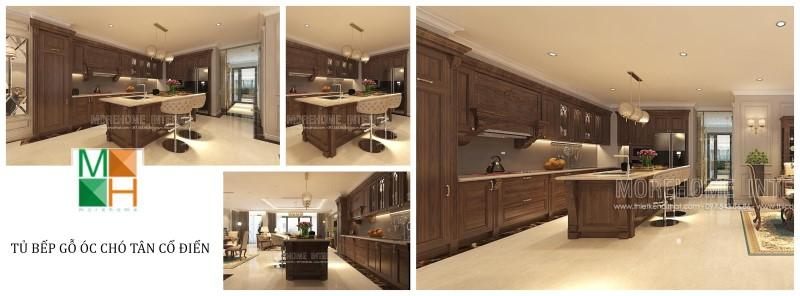 Tủ bếp gỗ óc chó tân điển do đội ngũ kiến trúc sư Nội thất Morehome đang được khách hàng đánh giá cao bởi sự sang trọng, công năng phù hợp cho nhu cầu sử dụng.