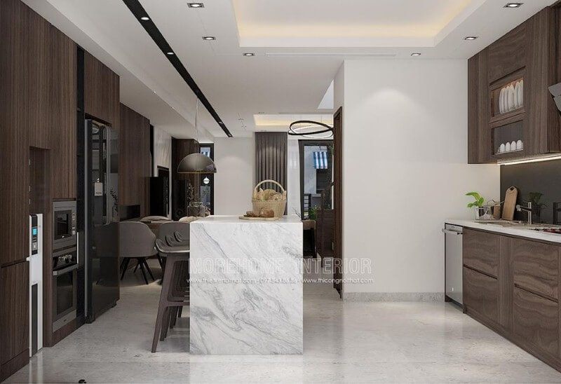 Trang trí phòng bếp đẹp ấn tượng từ phong cách hiện đại sang trọng.