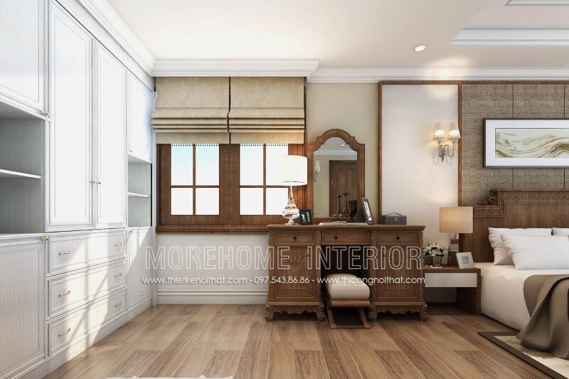 Thiết kế mẫu bàn ghế trang điểm gỗ óc chó kiểu dáng tân cổ điển sang trọng tinh tế cho phòng ngủ biệt thự