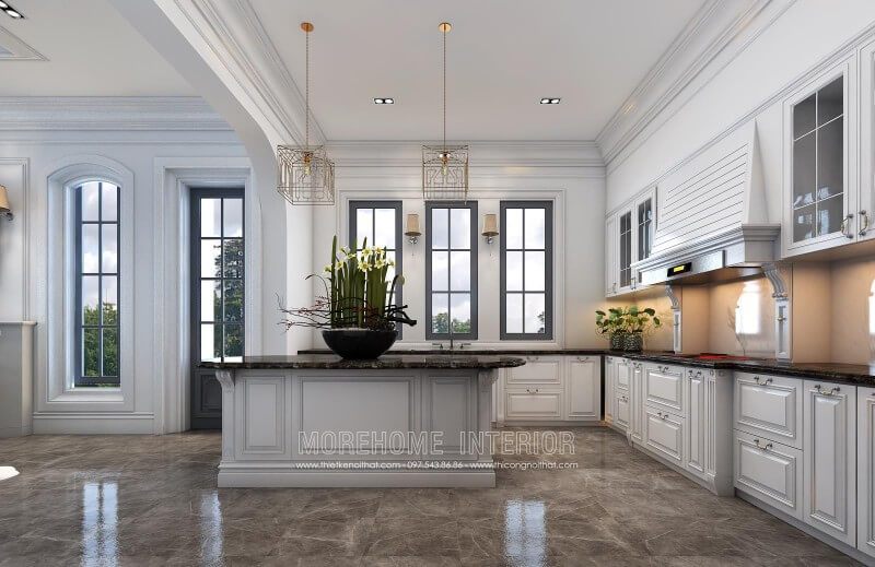 Mẫu thiết kế tủ bếp gỗ sồi phun sơn cao cấp phong cách tân cổ điển tại Đà Nẵng