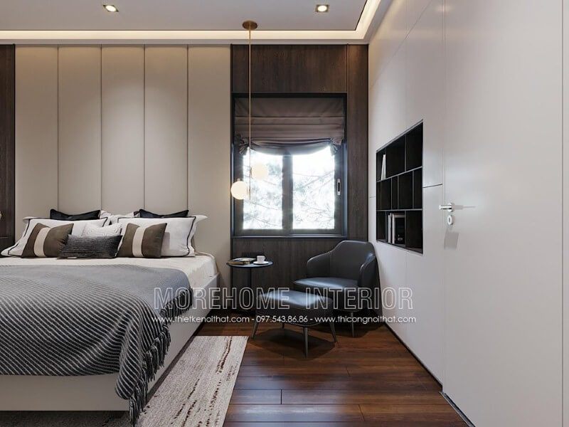 Đèn thả phòng ngủ đẹp vừa giúp gia chủ có giấc ngủ êm ái vừa tạo khoảng sáng cần thiết cho không gian đọc sách căn phòng.