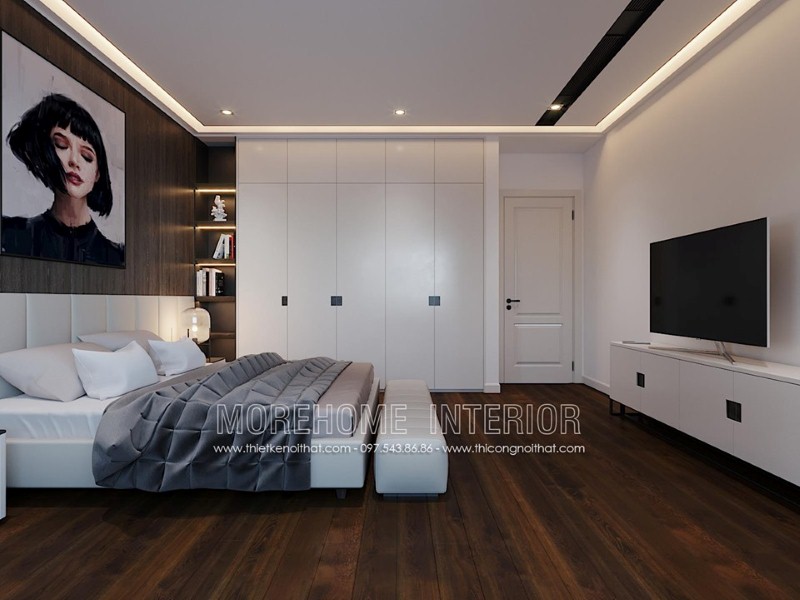 Thiết kế nội thất phòng ngủ ấn tượng với tủ quần áo gỗ An Cường kết hợp kệ trang trí sát giường ngủ.