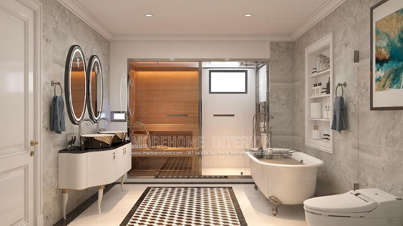 Trang trí phòng tắm đứng kết hợp phòng xông hơi gia đình, bồn tắm đẹp, sang trọng.
