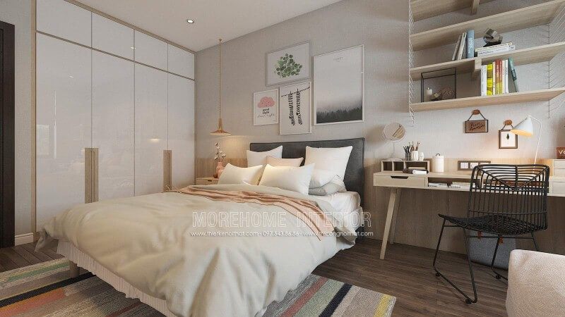 Bàn làm việc cùng kệ trang trí gỗ sồi màu sáng tạo nên góc học tập, làm việc hiện đại, trẻ trung cho phòng ngủ nữ