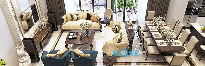 Bộ Sofa tân cổ điển kết hợp với bàn trà, kệ ti vi và bộ bàn ghế ăn tạo nên tổng thể hoàn hảo cho phòng khách chung cư, biệt thự.