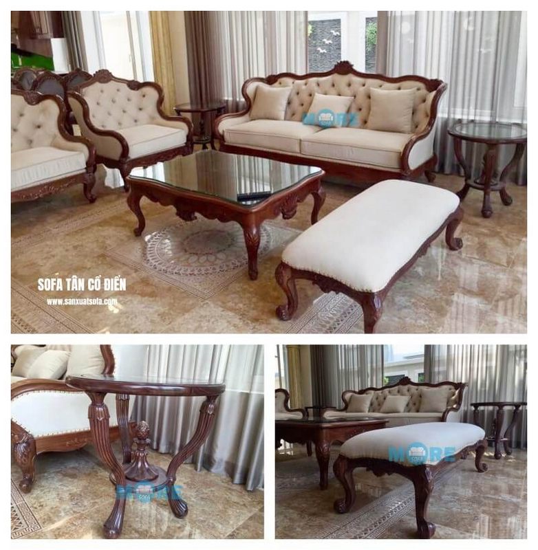 Bộ Sofa tân cổ điển bọc nỉ đẹp kết hợp với bàn trà, tab cùng màu tạo nên tổng thể phòng khách sang trọng, đẳng cấp