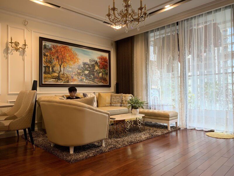 Công trình hình ảnh thi công nội thất phòng khách tân cổ điển đẹp tinh tế tại chung cư Vinhomes Nguyễn Chí Thanh, quận Đống Đa, Hà Nội