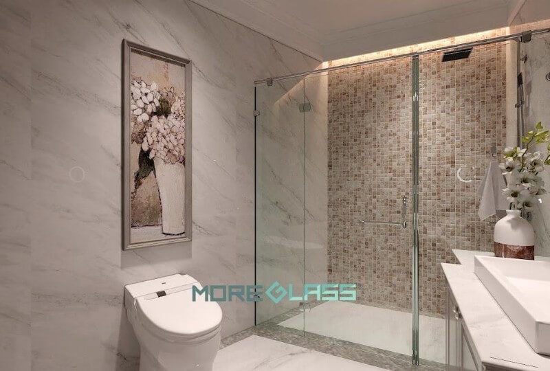 Vách tắm kính 180 độ cho phòng tắm nhỏ với nội thất tối giản nhưng cao cấp, hiện đại cho chung cư, nhà phố