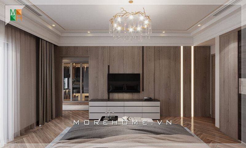 Kệ tivi gỗ hiện đại màu trắng rất bắt mắt toát lên vẻ sang trọng cho căn phòng ngủ.