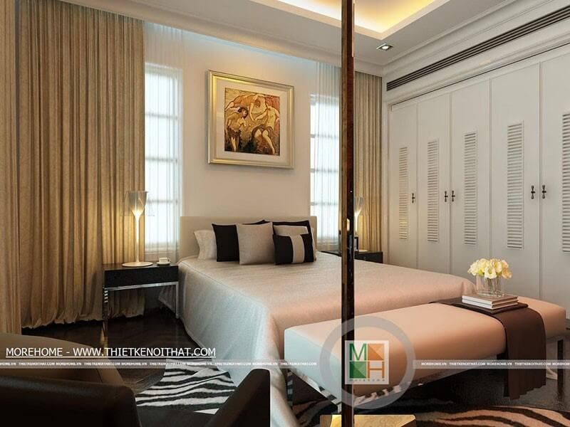 Thiết kế nội thất phòng ngủ hiện đại với tone màu trắng- nâu trầm mang lại sự hài hòa, thư giãn cho căn phòng