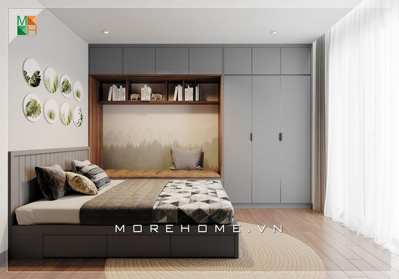 Mẫu giường ngủ bằng gỗ công nghiệp kết hợp thêm ngăn kéo giúp bạn có thêm không gian lưu trữ đồ cá nhân thiết kế theo phong cách hiện đại phù hợp chung cư, nhà phố