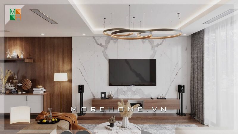 Mẫu thiết kế phòng khách đơn giản nhưng hiện đại, không quá cầu kỳ nhưng đủ để gây ấn tượng cho bất cứ vị khách nào khi bước vào ngôi nhà của bạn. Với thiết kế tivi treo tường độc đáo, ốp tường gỗ kết hợp cùng đá ốp vân mây tạo nên không gian phòng khách trẻ trung mà ấn tượng, nội thất không quá nhiều mà vẫn đầy đủ công năng sử dụng