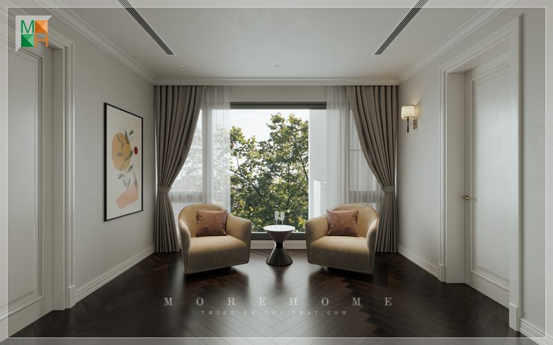 Thiết kế nội thất nhà phố hiện đại với không gian thư giãn nghỉ ngơi thưởng thức những ly trà thơm, trò chuyện ngắm nhìn cảnh vật xung quanh đem lại sự thoải mái dễ chịu.